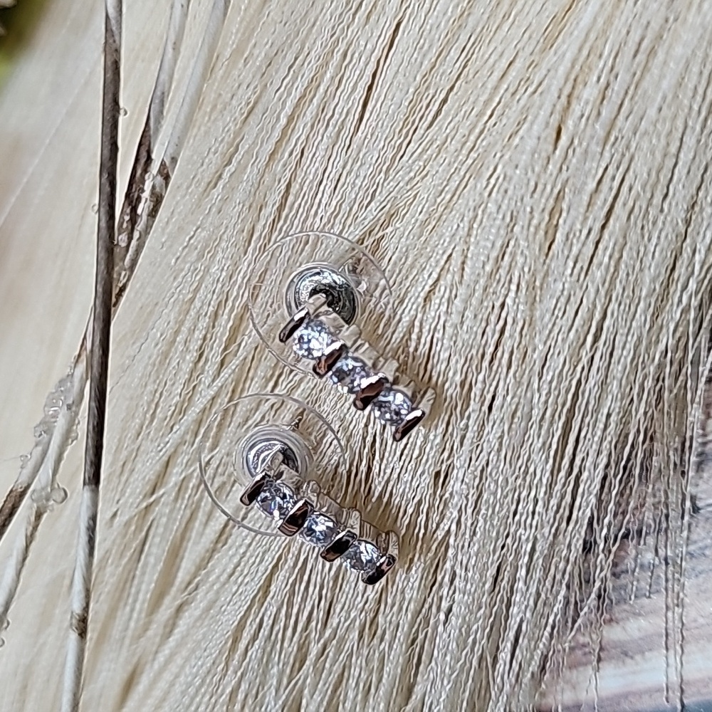SILVER THREE ROW CZ STUD EARRINGS - Picture 3 of 8